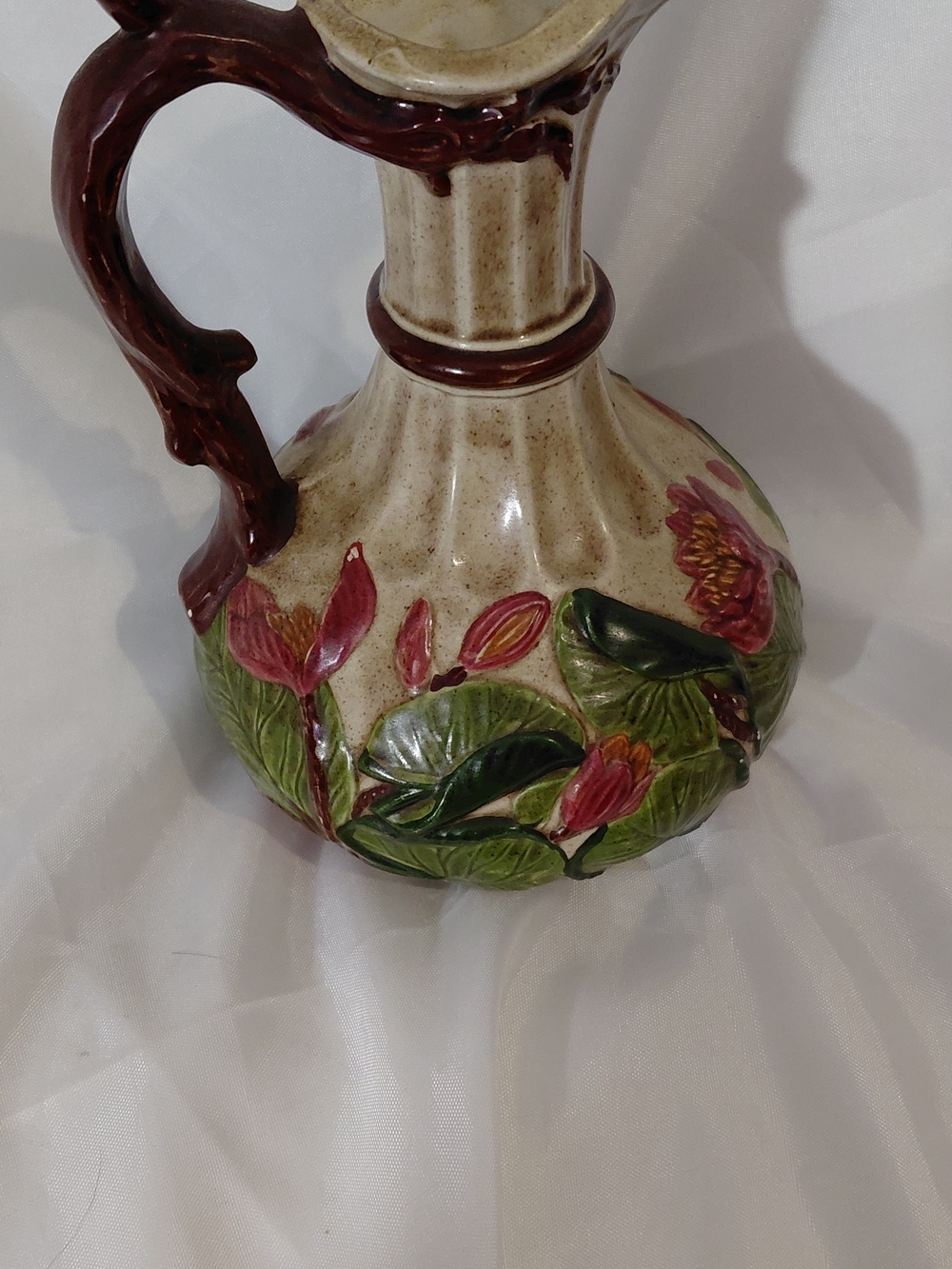 Botanical Relief Ceramic Pitcher - Cream with Green & Pink Accents